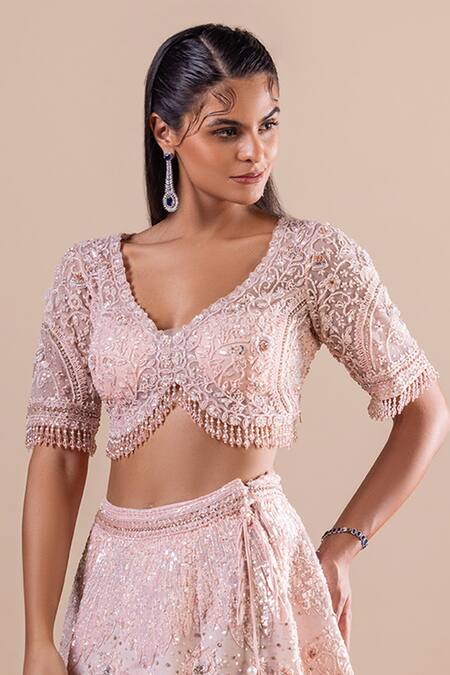 Shop_Raj Arora_Pink Silk Sequins, Crystals, Embroidery V-neck Swarovski Lehenga Set _Online_at_Aza_Fashions