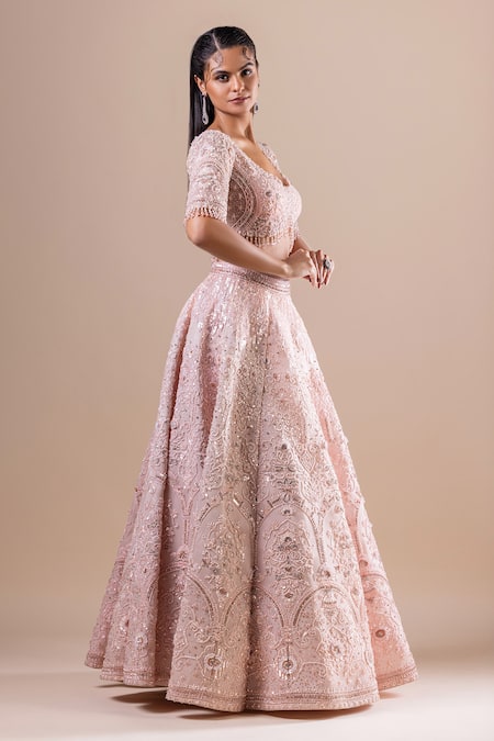 Raj Arora_Pink Silk Sequins, Crystals, Embroidery V-neck Swarovski Lehenga Set _at_Aza_Fashions