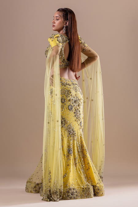 Shop_Raj Arora_Yellow Net Crystals, Sequins Swarovski Embroidered Fishcut Lehenga With Blouse _at_Aza_Fashions