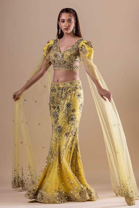 Raj Arora_Yellow Net Crystals, Sequins Swarovski Embroidered Fishcut Lehenga With Blouse _Online_at_Aza_Fashions