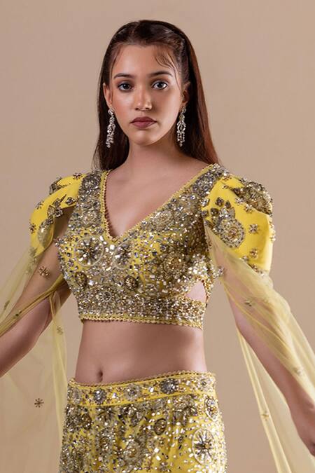 Buy_Raj Arora_Yellow Net Crystals, Sequins Swarovski Embroidered Fishcut Lehenga With Blouse _Online_at_Aza_Fashions