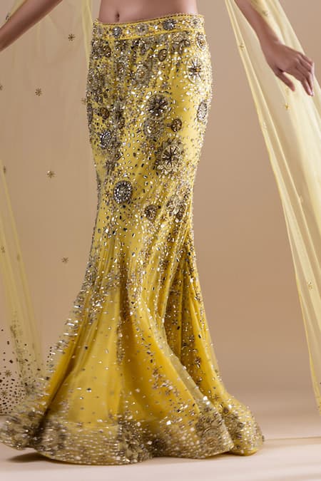 Shop_Raj Arora_Yellow Net Crystals, Sequins Swarovski Embroidered Fishcut Lehenga With Blouse _Online_at_Aza_Fashions