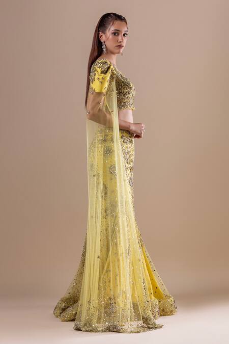 Raj Arora_Yellow Net Crystals, Sequins Swarovski Embroidered Fishcut Lehenga With Blouse _at_Aza_Fashions