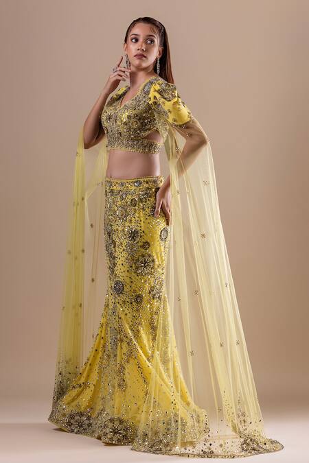 Buy_Raj Arora_Yellow Net Crystals, Sequins Swarovski Embroidered Fishcut Lehenga With Blouse 