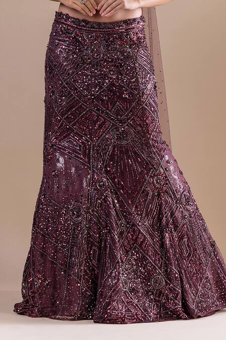 Raj Arora Wine Net, Georgette Crystals, Swarovski Embroidered Fishcut Lehenga And Blouse Set Online at Aza Fashions Raj Arora_Wine Net, Georgette Crystals, Swarovski Embroidered Fishcut Lehenga And Blouse Set _Online_at_Aza_Fashions