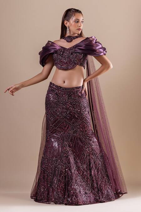 Buy Raj Arora Wine Net, Georgette Crystals, Swarovski Embroidered Fishcut Lehenga And Blouse Set Online at Aza Fashions Buy_Raj Arora_Wine Net, Georgette Crystals, Swarovski Embroidered Fishcut Lehenga And Blouse Set _Online_at_Aza_Fashions