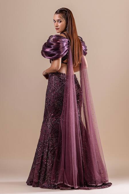 Shop Raj Arora Wine Net, Georgette Crystals, Swarovski Embroidered Fishcut Lehenga And Blouse Set Online at Aza Fashions Shop_Raj Arora_Wine Net, Georgette Crystals, Swarovski Embroidered Fishcut Lehenga And Blouse Set _Online_at_Aza_Fashions