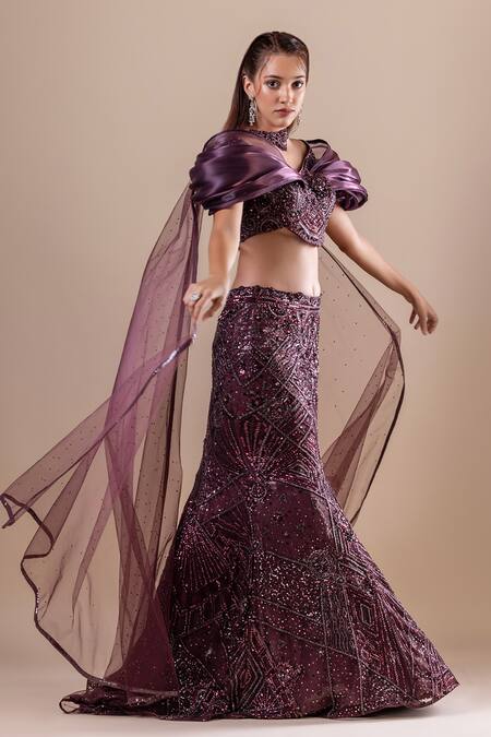 Raj Arora Wine Net, Georgette Crystals, Swarovski Embroidered Fishcut Lehenga And Blouse Set at Aza Fashions Raj Arora_Wine Net, Georgette Crystals, Swarovski Embroidered Fishcut Lehenga And Blouse Set _at_Aza_Fashions