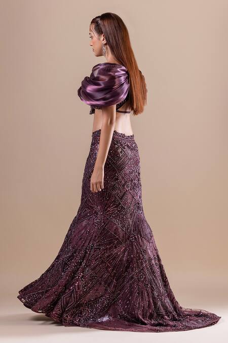 Buy Raj Arora Wine Net, Georgette Crystals, Swarovski Embroidered Fishcut Lehenga And Blouse Set Buy_Raj Arora_Wine Net, Georgette Crystals, Swarovski Embroidered Fishcut Lehenga And Blouse Set