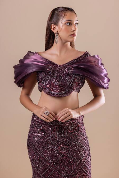 Shop Raj Arora Wine Net, Georgette Crystals, Swarovski Embroidered Fishcut Lehenga And Blouse Set Shop_Raj Arora_Wine Net, Georgette Crystals, Swarovski Embroidered Fishcut Lehenga And Blouse Set