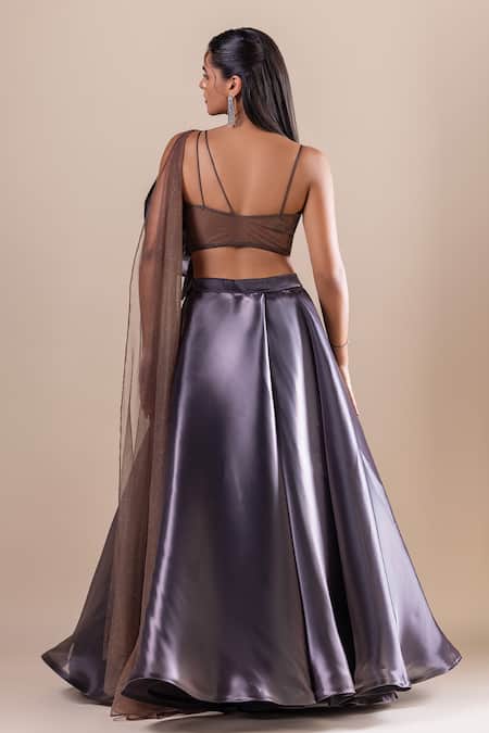 Shop_Raj Arora_Grey Net Embroidery, Sequins Sweetheart Neck 3d Floral Cropped Top With Lehenga _at_Aza_Fashions