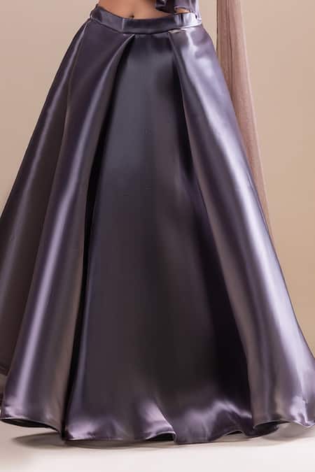 Raj Arora_Grey Net Embroidery, Sequins Sweetheart Neck 3d Floral Cropped Top With Lehenga _Online_at_Aza_Fashions