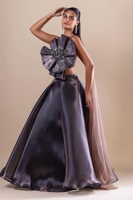 Shop_Raj Arora_Grey Net Embroidery, Sequins Sweetheart Neck 3d Floral Cropped Top With Lehenga _Online_at_Aza_Fashions