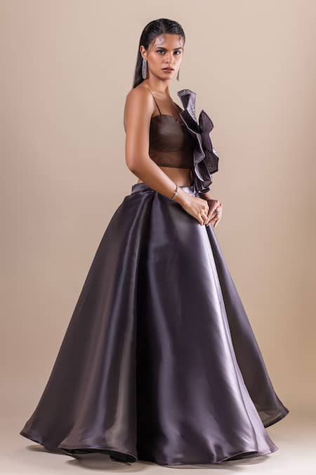 Raj Arora_Grey Net Embroidery, Sequins Sweetheart Neck 3d Floral Cropped Top With Lehenga _at_Aza_Fashions