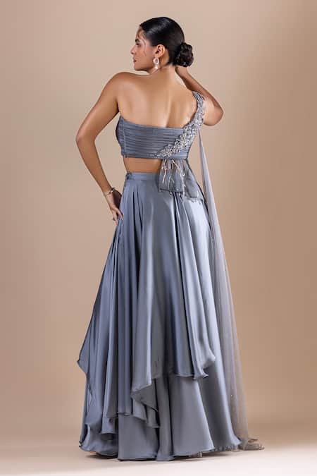 Shop Raj Arora Grey Silk, Satin Sequins, Cut Work Swarovski Embroidered Cropped Top With Skirt at Aza Fashions Shop_Raj Arora_Grey Silk, Satin Sequins, Cut Work Swarovski Embroidered Cropped Top With Skirt _at_Aza_Fashions