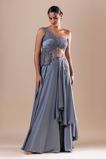 Raj Arora Grey Silk, Satin Sequins, Cut Work Swarovski Embroidered Cropped Top With Skirt Online at Aza Fashions Raj Arora_Grey Silk, Satin Sequins, Cut Work Swarovski Embroidered Cropped Top With Skirt _Online_at_Aza_Fashions