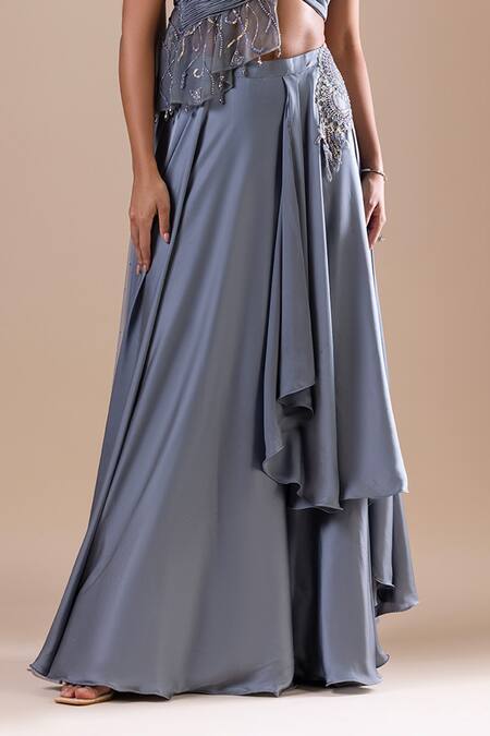 Buy Raj Arora Grey Silk, Satin Sequins, Cut Work Swarovski Embroidered Cropped Top With Skirt Online at Aza Fashions Buy_Raj Arora_Grey Silk, Satin Sequins, Cut Work Swarovski Embroidered Cropped Top With Skirt _Online_at_Aza_Fashions
