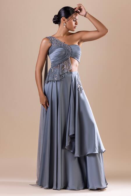 Shop Raj Arora Grey Silk, Satin Sequins, Cut Work Swarovski Embroidered Cropped Top With Skirt Online at Aza Fashions Shop_Raj Arora_Grey Silk, Satin Sequins, Cut Work Swarovski Embroidered Cropped Top With Skirt _Online_at_Aza_Fashions