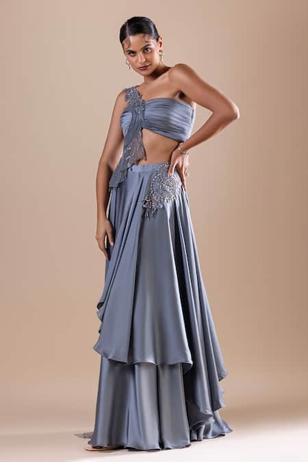 Raj Arora Grey Silk, Satin Sequins, Cut Work Swarovski Embroidered Cropped Top With Skirt at Aza Fashions Raj Arora_Grey Silk, Satin Sequins, Cut Work Swarovski Embroidered Cropped Top With Skirt _at_Aza_Fashions
