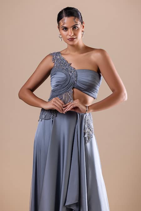 Buy Raj Arora Grey Silk, Satin Sequins, Cut Work Swarovski Embroidered Cropped Top With Skirt Buy_Raj Arora_Grey Silk, Satin Sequins, Cut Work Swarovski Embroidered Cropped Top With Skirt