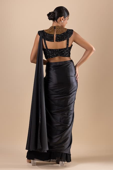 Shop Raj Arora Black Satin Sequins, Crystals Pre-draped Saree With Swarovski Embroidered Blouse at Aza Fashions Shop_Raj Arora_Black Satin Sequins, Crystals Pre-draped Saree With Swarovski Embroidered Blouse _at_Aza_Fashions