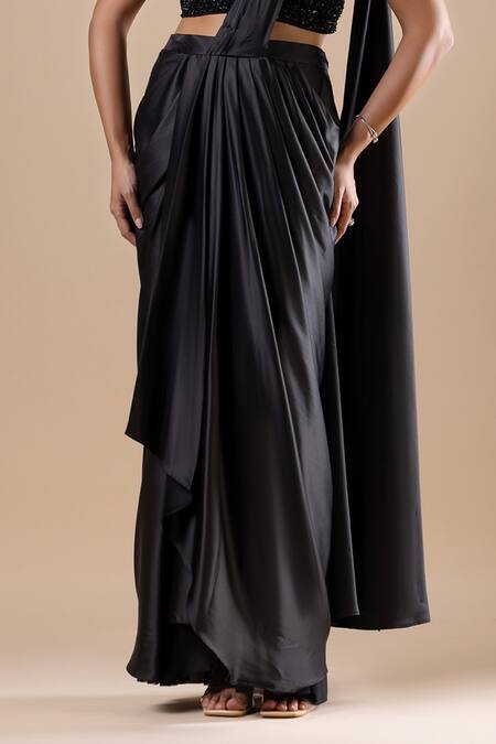 Raj Arora Black Satin Sequins, Crystals Pre-draped Saree With Swarovski Embroidered Blouse Online at Aza Fashions Raj Arora_Black Satin Sequins, Crystals Pre-draped Saree With Swarovski Embroidered Blouse _Online_at_Aza_Fashions