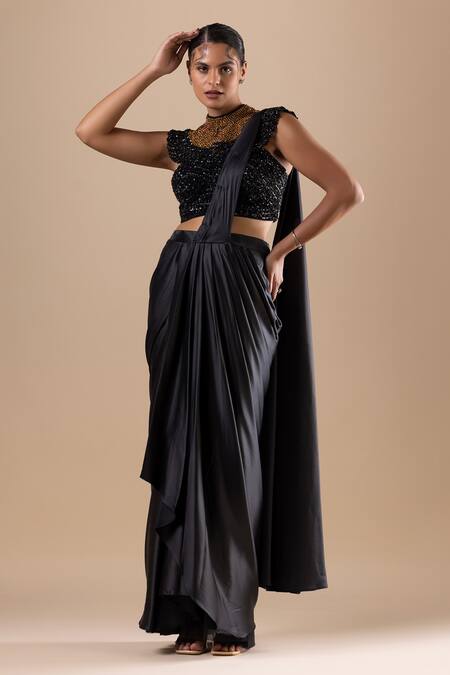 Buy Raj Arora Black Satin Sequins, Crystals Pre-draped Saree With Swarovski Embroidered Blouse Online at Aza Fashions Buy_Raj Arora_Black Satin Sequins, Crystals Pre-draped Saree With Swarovski Embroidered Blouse _Online_at_Aza_Fashions