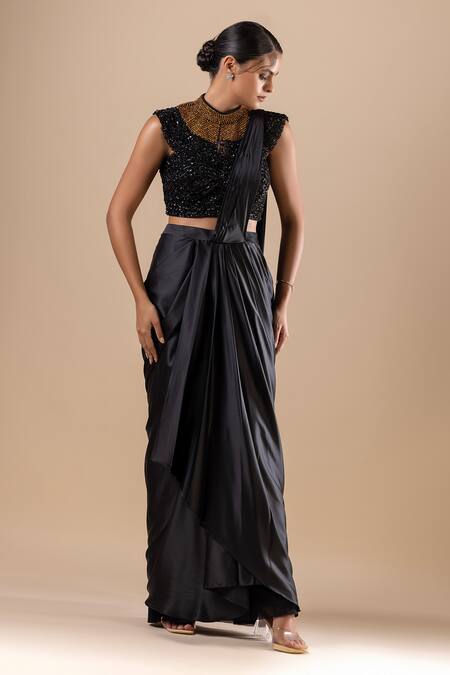 Shop Raj Arora Black Satin Sequins, Crystals Pre-draped Saree With Swarovski Embroidered Blouse Online at Aza Fashions Shop_Raj Arora_Black Satin Sequins, Crystals Pre-draped Saree With Swarovski Embroidered Blouse _Online_at_Aza_Fashions
