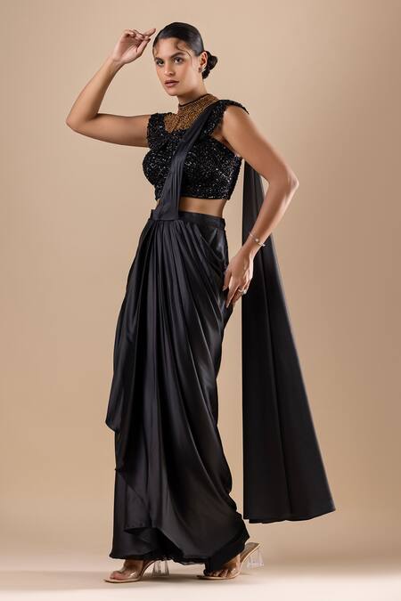 Raj Arora Black Satin Sequins, Crystals Pre-draped Saree With Swarovski Embroidered Blouse at Aza Fashions Raj Arora_Black Satin Sequins, Crystals Pre-draped Saree With Swarovski Embroidered Blouse _at_Aza_Fashions