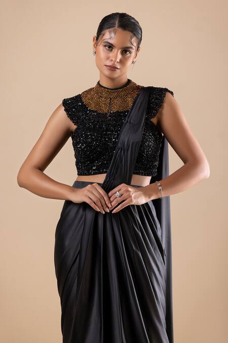 Buy Raj Arora Black Satin Sequins, Crystals Pre-draped Saree With Swarovski Embroidered Blouse Buy_Raj Arora_Black Satin Sequins, Crystals Pre-draped Saree With Swarovski Embroidered Blouse