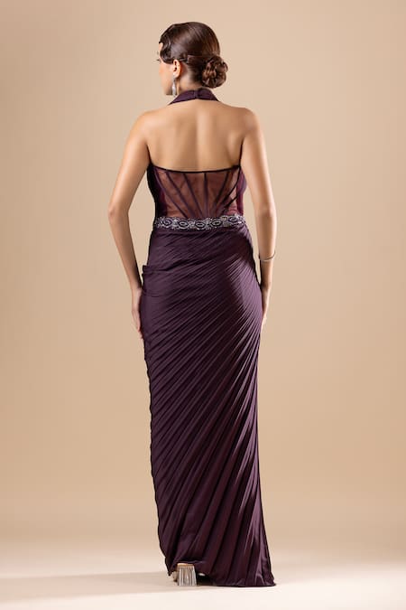 Shop Raj Arora Wine Pleated Armani Satin Placement Embroidery Crystal High Designer Saree Gown at Aza Fashions Shop_Raj Arora_Wine Pleated Armani Satin Placement Embroidery Crystal High Designer Saree Gown _at_Aza_Fashions
