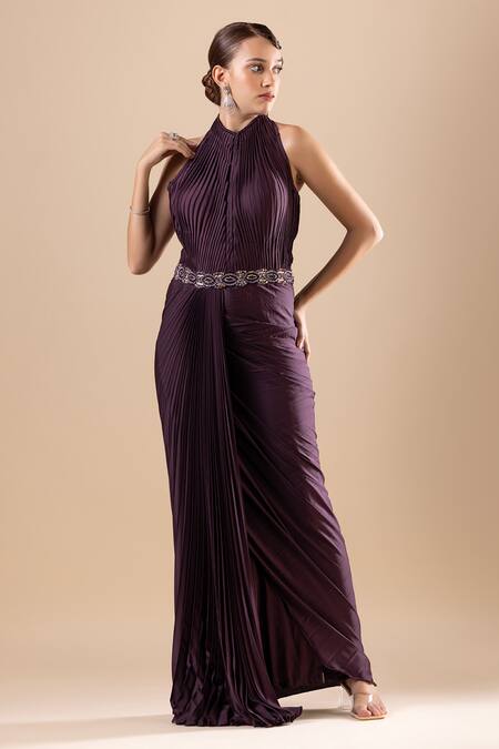 Raj Arora Wine Pleated Armani Satin Placement Embroidery Crystal High Designer Saree Gown Online at Aza Fashions Raj Arora_Wine Pleated Armani Satin Placement Embroidery Crystal High Designer Saree Gown _Online_at_Aza_Fashions