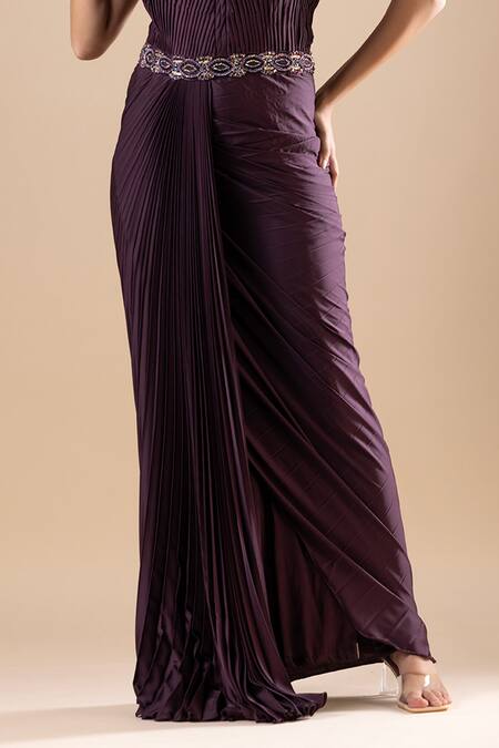 Buy Raj Arora Wine Pleated Armani Satin Placement Embroidery Crystal High Designer Saree Gown Online at Aza Fashions Buy_Raj Arora_Wine Pleated Armani Satin Placement Embroidery Crystal High Designer Saree Gown _Online_at_Aza_Fashions