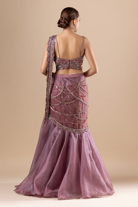 Shop_Raj Arora_Pink Organza, Net Crystals, Fishcut Lehenga And Swarovski Embroidered Blouse Set _at_Aza_Fashions