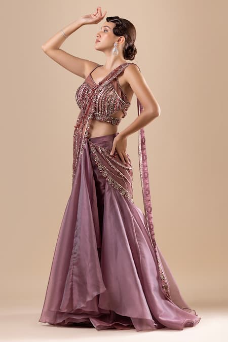 Buy_Raj Arora_Pink Organza, Net Crystals, Fishcut Lehenga And Swarovski Embroidered Blouse Set _Online_at_Aza_Fashions