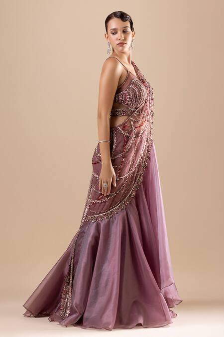 Shop_Raj Arora_Pink Organza, Net Crystals, Fishcut Lehenga And Swarovski Embroidered Blouse Set _Online_at_Aza_Fashions