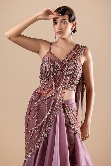 Raj Arora_Pink Organza, Net Crystals, Fishcut Lehenga And Swarovski Embroidered Blouse Set _at_Aza_Fashions