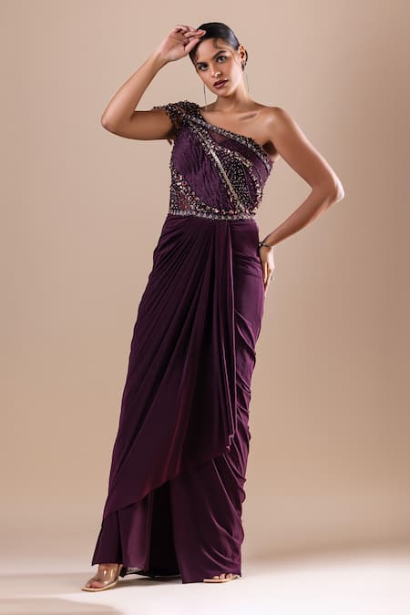 Raj Arora_Purple Net, Lycra Sequins, Crystals Swarovski Embroidered Bodice Saree Gown _Online_at_Aza_Fashions