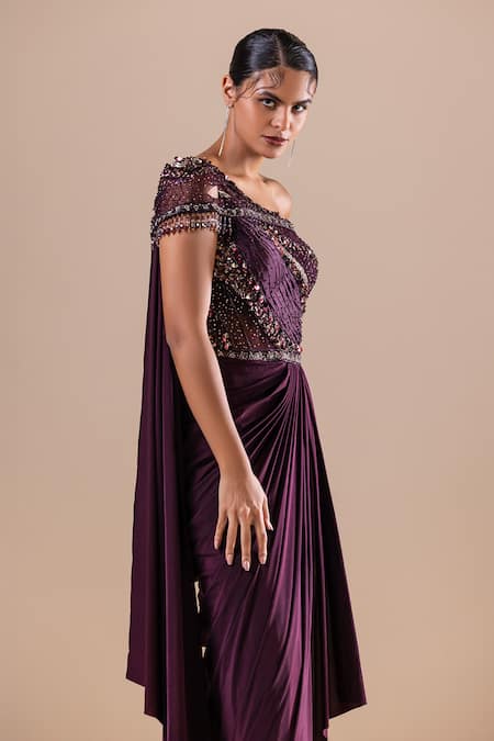 Buy_Raj Arora_Purple Net, Lycra Sequins, Crystals Swarovski Embroidered Bodice Saree Gown _Online_at_Aza_Fashions