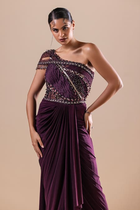 Shop_Raj Arora_Purple Net, Lycra Sequins, Crystals Swarovski Embroidered Bodice Saree Gown _Online_at_Aza_Fashions