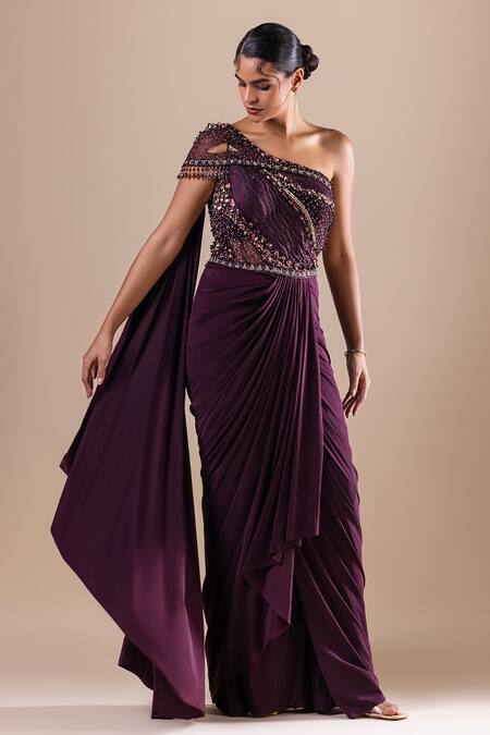 Raj Arora_Purple Net, Lycra Sequins, Crystals Swarovski Embroidered Bodice Saree Gown _at_Aza_Fashions