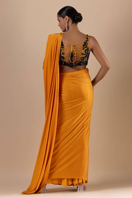 Shop Raj Arora Yellow Lycra Sequins, Cut Work V-neck Pre-draped Saree With Embroidered Blouse at Aza Fashions Shop_Raj Arora_Yellow Lycra Sequins, Cut Work V-neck Pre-draped Saree With Embroidered Blouse _at_Aza_Fashions