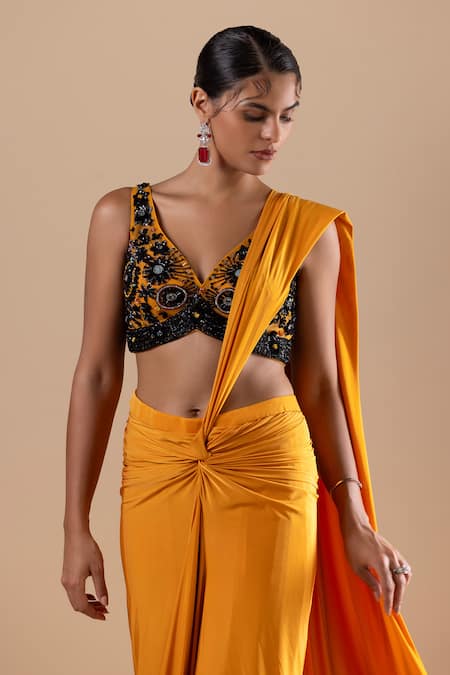 Raj Arora Yellow Lycra Sequins, Cut Work V-neck Pre-draped Saree With Embroidered Blouse Online at Aza Fashions Raj Arora_Yellow Lycra Sequins, Cut Work V-neck Pre-draped Saree With Embroidered Blouse _Online_at_Aza_Fashions