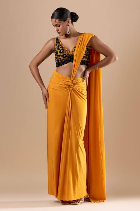 Buy Raj Arora Yellow Lycra Sequins, Cut Work V-neck Pre-draped Saree With Embroidered Blouse Online at Aza Fashions Buy_Raj Arora_Yellow Lycra Sequins, Cut Work V-neck Pre-draped Saree With Embroidered Blouse _Online_at_Aza_Fashions