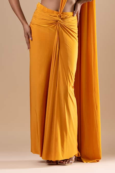 Shop Raj Arora Yellow Lycra Sequins, Cut Work V-neck Pre-draped Saree With Embroidered Blouse Online at Aza Fashions Shop_Raj Arora_Yellow Lycra Sequins, Cut Work V-neck Pre-draped Saree With Embroidered Blouse _Online_at_Aza_Fashions
