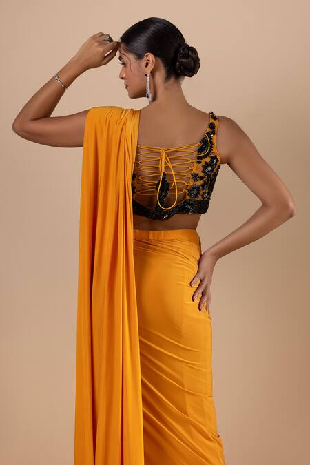 Buy Raj Arora Yellow Lycra Sequins, Cut Work V-neck Pre-draped Saree With Embroidered Blouse Buy_Raj Arora_Yellow Lycra Sequins, Cut Work V-neck Pre-draped Saree With Embroidered Blouse