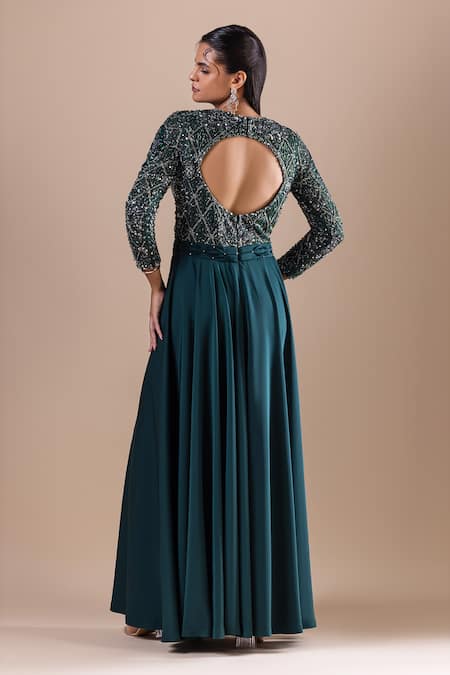 Shop_Raj Arora_Green Net Embroidery Crystal Round Swarovski Dress _at_Aza_Fashions
