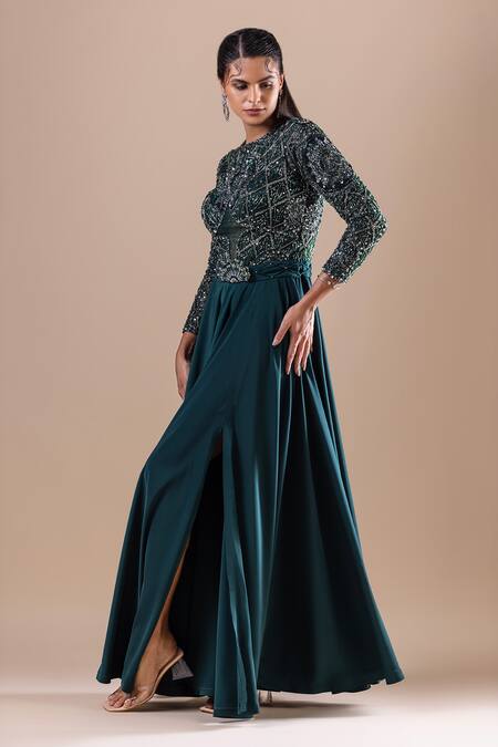 Raj Arora_Green Net Embroidery Crystal Round Swarovski Dress _Online_at_Aza_Fashions