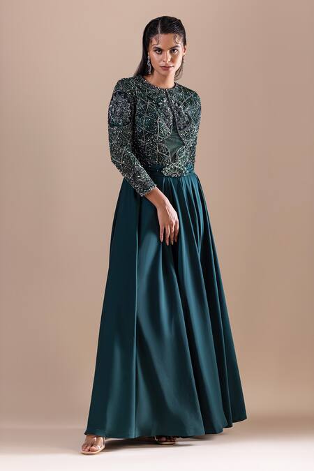 Buy_Raj Arora_Green Net Embroidery Crystal Round Swarovski Dress _Online_at_Aza_Fashions