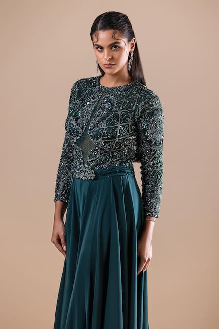 Shop_Raj Arora_Green Net Embroidery Crystal Round Swarovski Dress _Online_at_Aza_Fashions